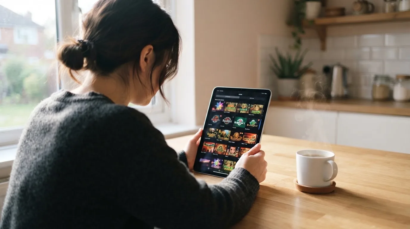 Een persoon bekijkt op een tablet een overzicht van casinospellen aan een keukentafel, met een kop koffie ernaast.
