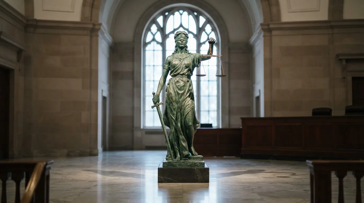 Een bronzen vrouwe Justitia met weegschaal staat voor een grote raampartij in een statig gerechtsgebouw, met zacht ochtendlicht.