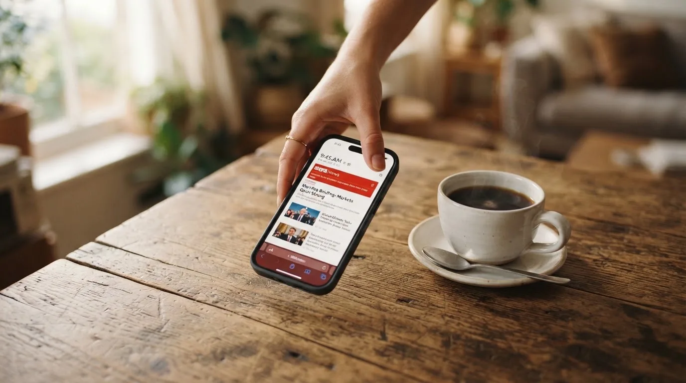 Een hand houdt een smartphone vast boven een houten tafel met een kopje koffie ernaast, in zacht daglicht.