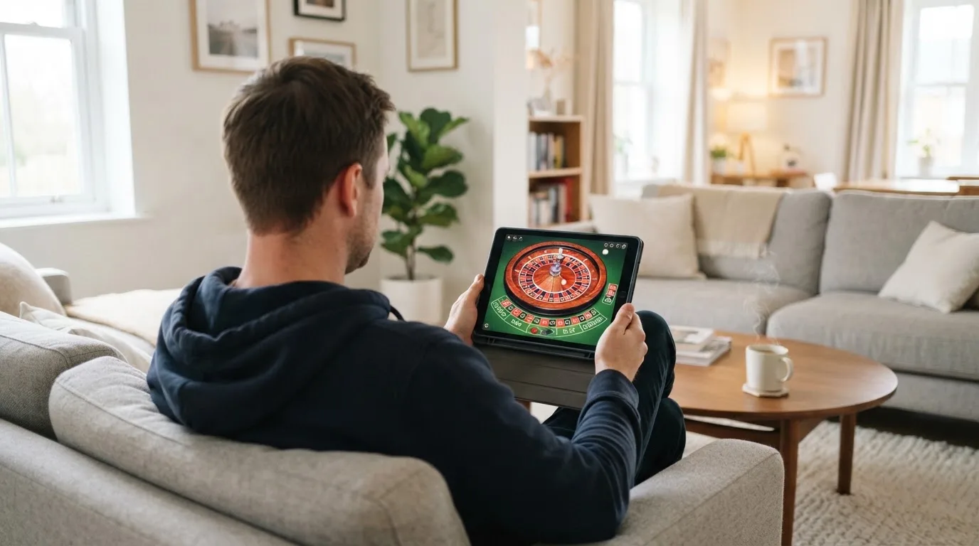 Een man bekijkt ontspannen een tablet op de bank in een lichte woonkamer met een kop koffie op de salontafel.