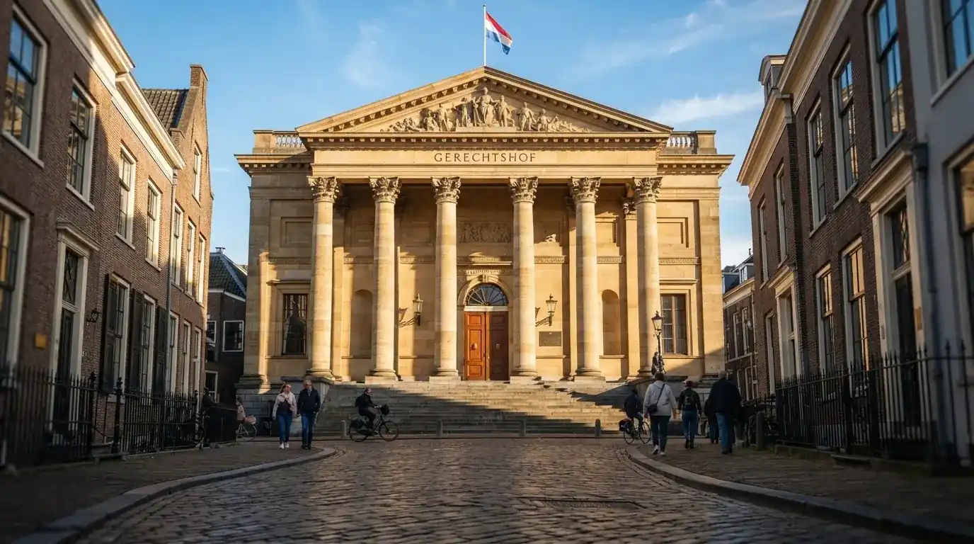 Een klassiek gerechtsgebouw met hoge zuilen staat onder een blauwe lucht in een Nederlandse binnenstad.
