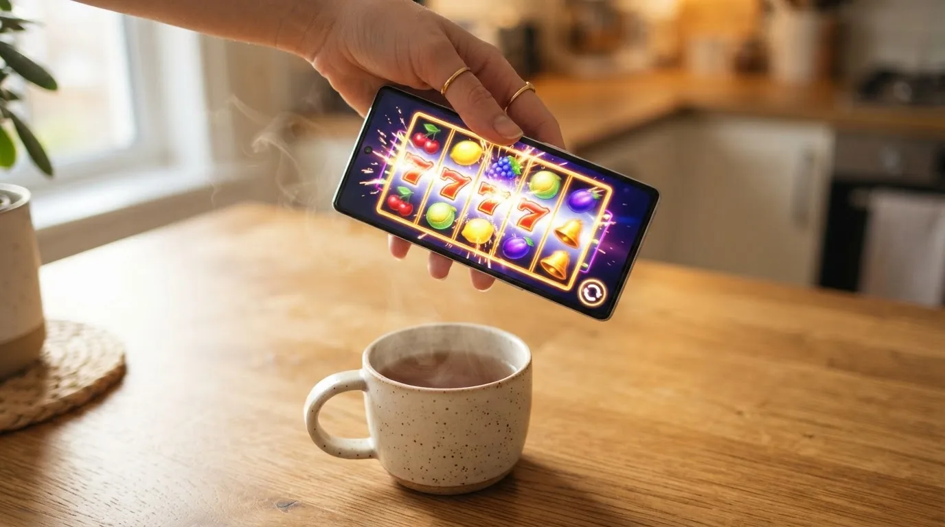 Een hand houdt een smartphone vast boven een houten tafel met een kopje thee ernaast, in zacht daglicht.