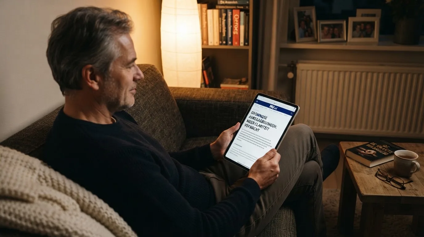 Een man bekijkt laat op de avond een tablet op de bank, verlicht door een staande lamp in een rustige woonkamer.