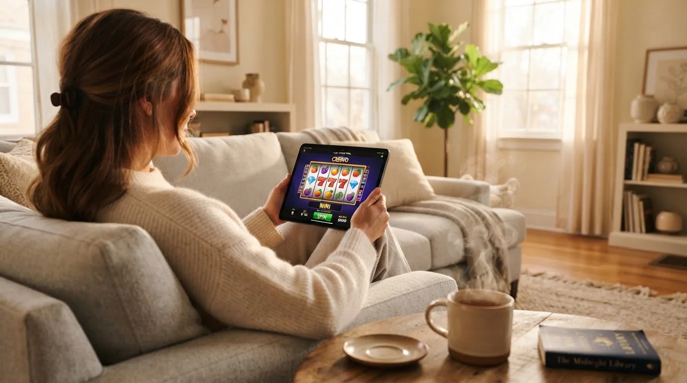 Een vrouw bekijkt ontspannen een tablet op de bank in een lichte woonkamer met een kop thee op de salontafel.