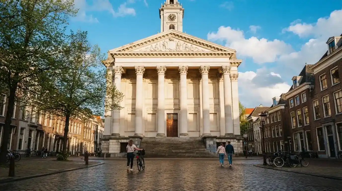 Een klassiek gerechtsgebouw met hoge zuilen staat onder een blauwe lucht in een Nederlandse binnenstad.