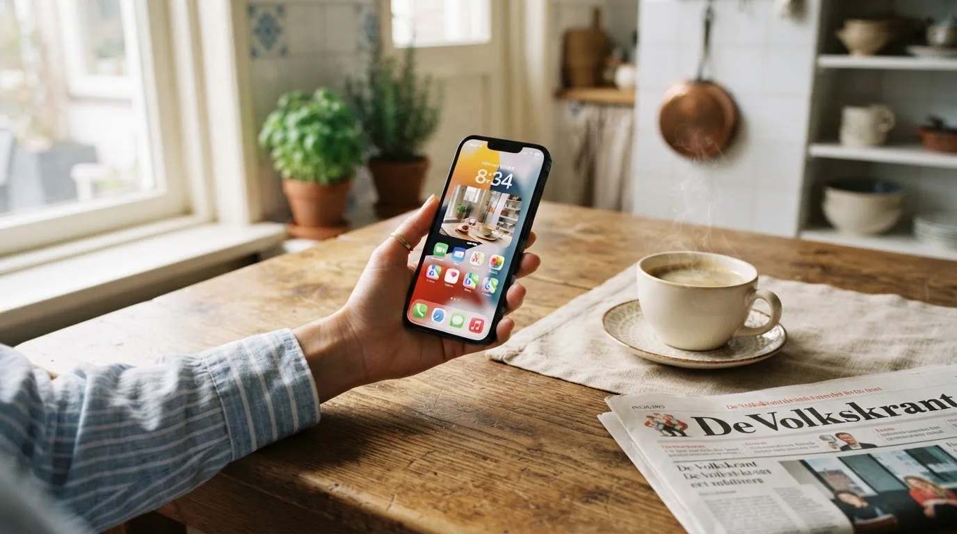 Een hand houdt een smartphone vast boven een houten tafel met een kopje koffie ernaast, in zacht daglicht.