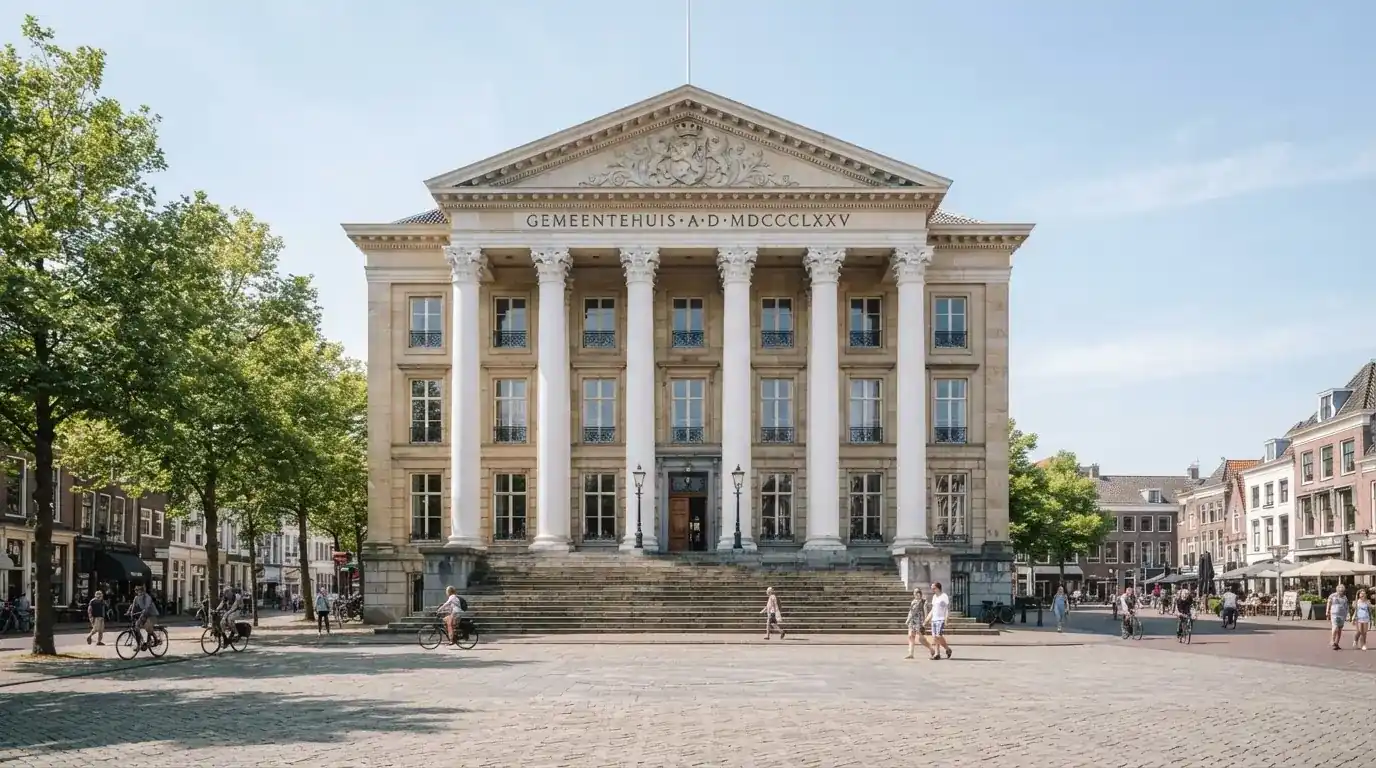 Een statig gerechtsgebouw met brede trappen en zuilen staat onder een heldere hemel in een Nederlandse stad.