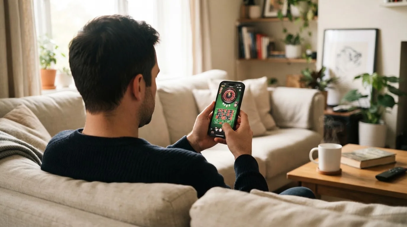 Een man bekijkt ontspannen zijn telefoon op de bank in een lichte woonkamer met een kop koffie op de salontafel.