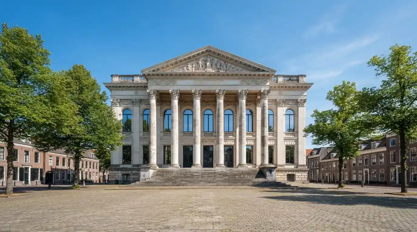 Een klassiek gerechtsgebouw met zuilen staat onder een blauwe lucht in een rustige Nederlandse stad.