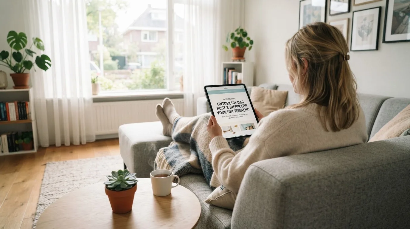 Een vrouw bekijkt ontspannen een tablet op de bank in een lichte woonkamer met een kop thee op de salontafel.
