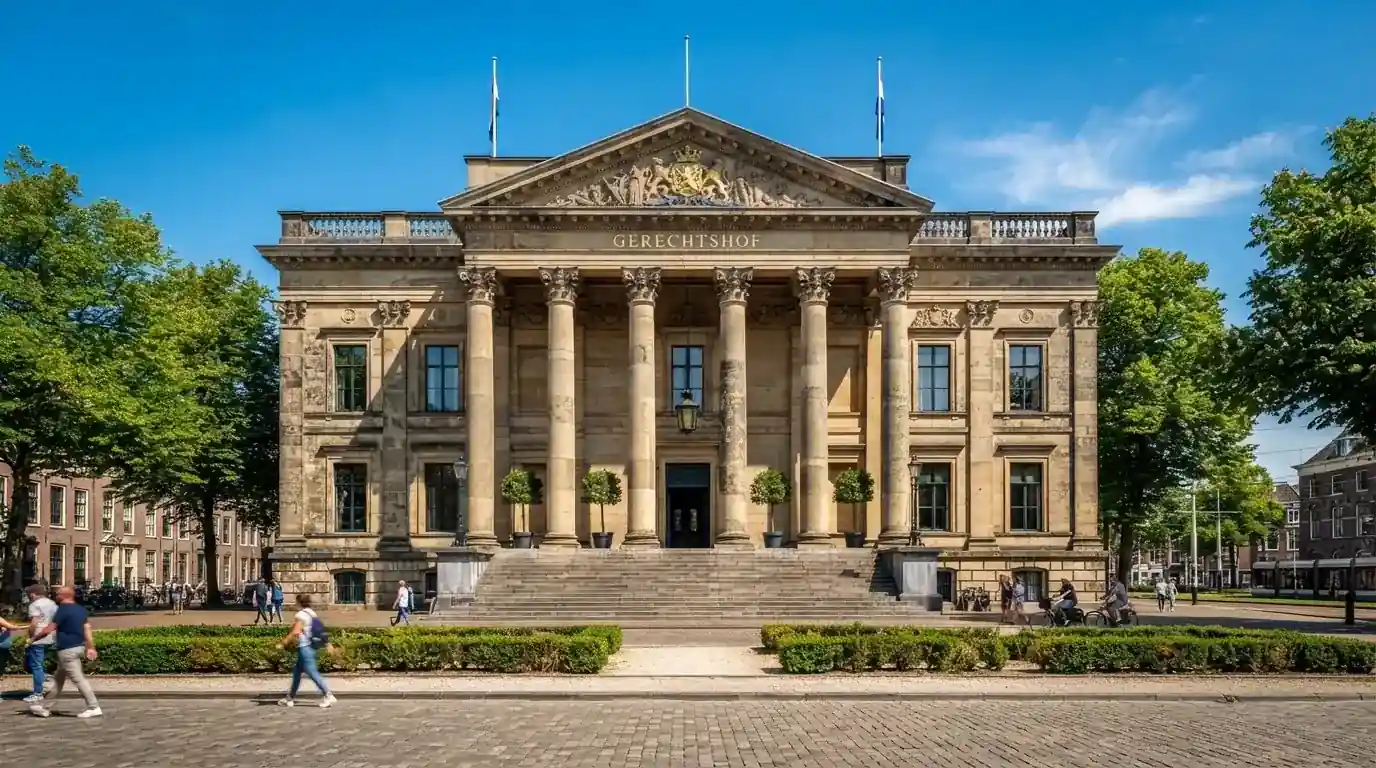 Een klassiek gerechtsgebouw met hoge zuilen staat onder een heldere hemel in een Nederlandse stad.