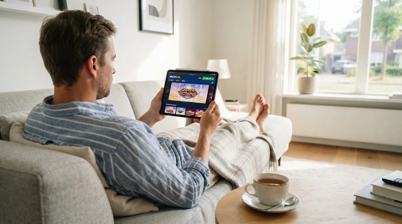 Een man bekijkt ontspannen een tablet op de bank in een lichte woonkamer met een kop thee op de salontafel.