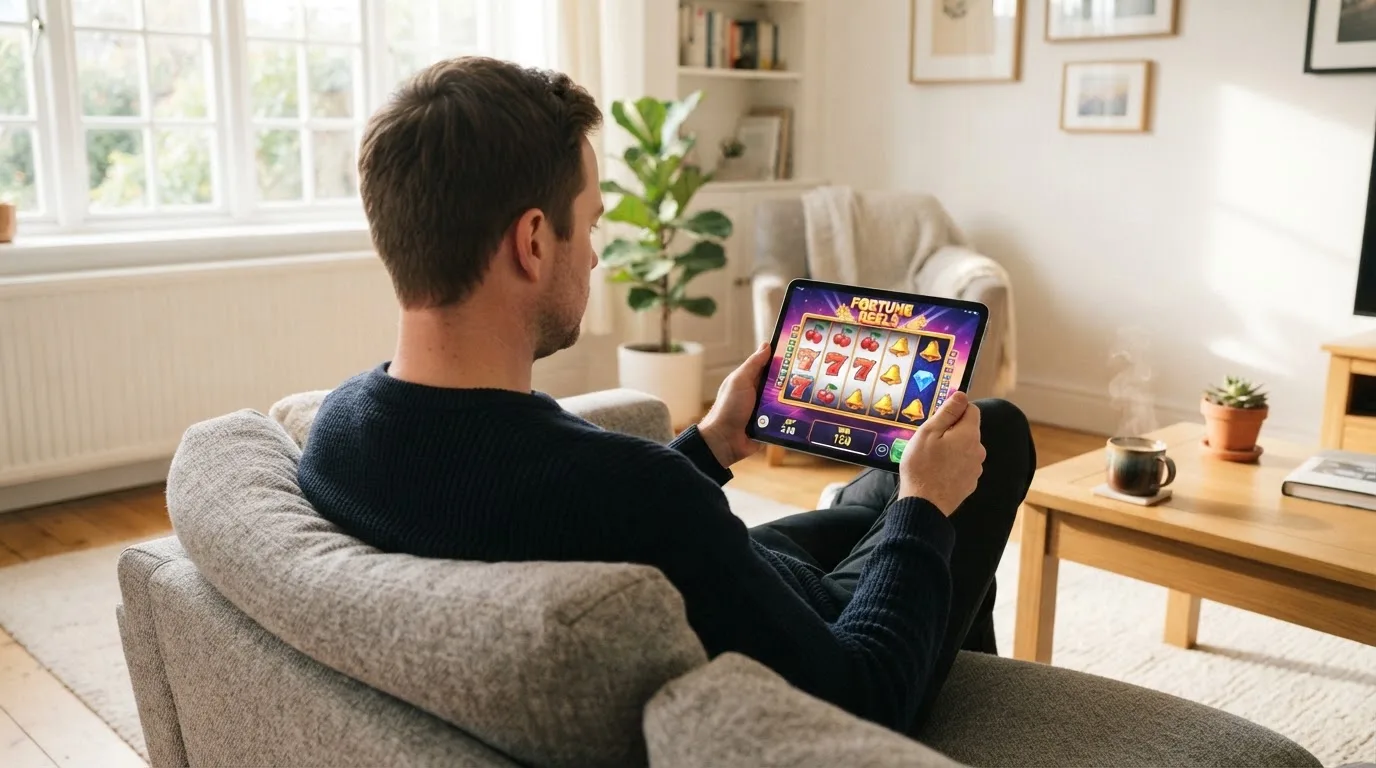 Een man bekijkt ontspannen een tablet op de bank in een lichte woonkamer met een kop koffie op de salontafel.