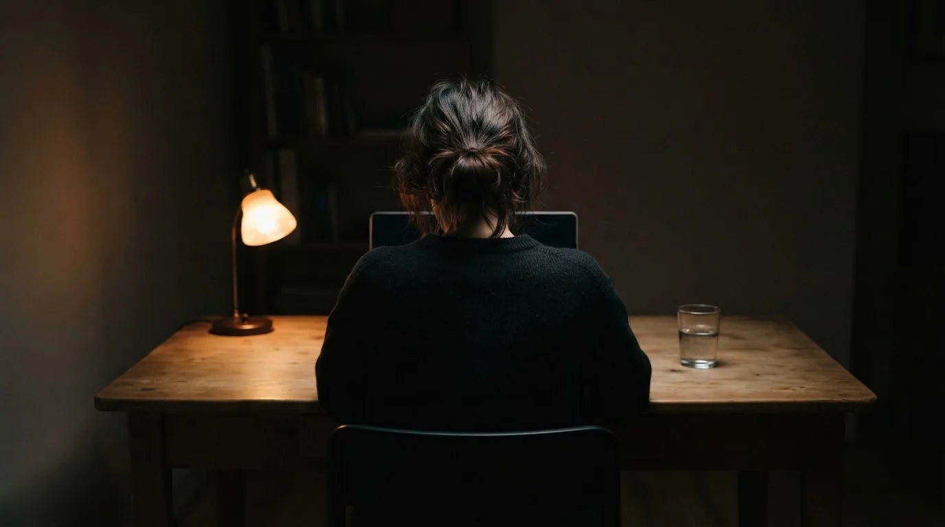 Een persoon zit alleen aan een bureau en kijkt peinzend naar een laptop met het scherm uit, in gedimd licht.