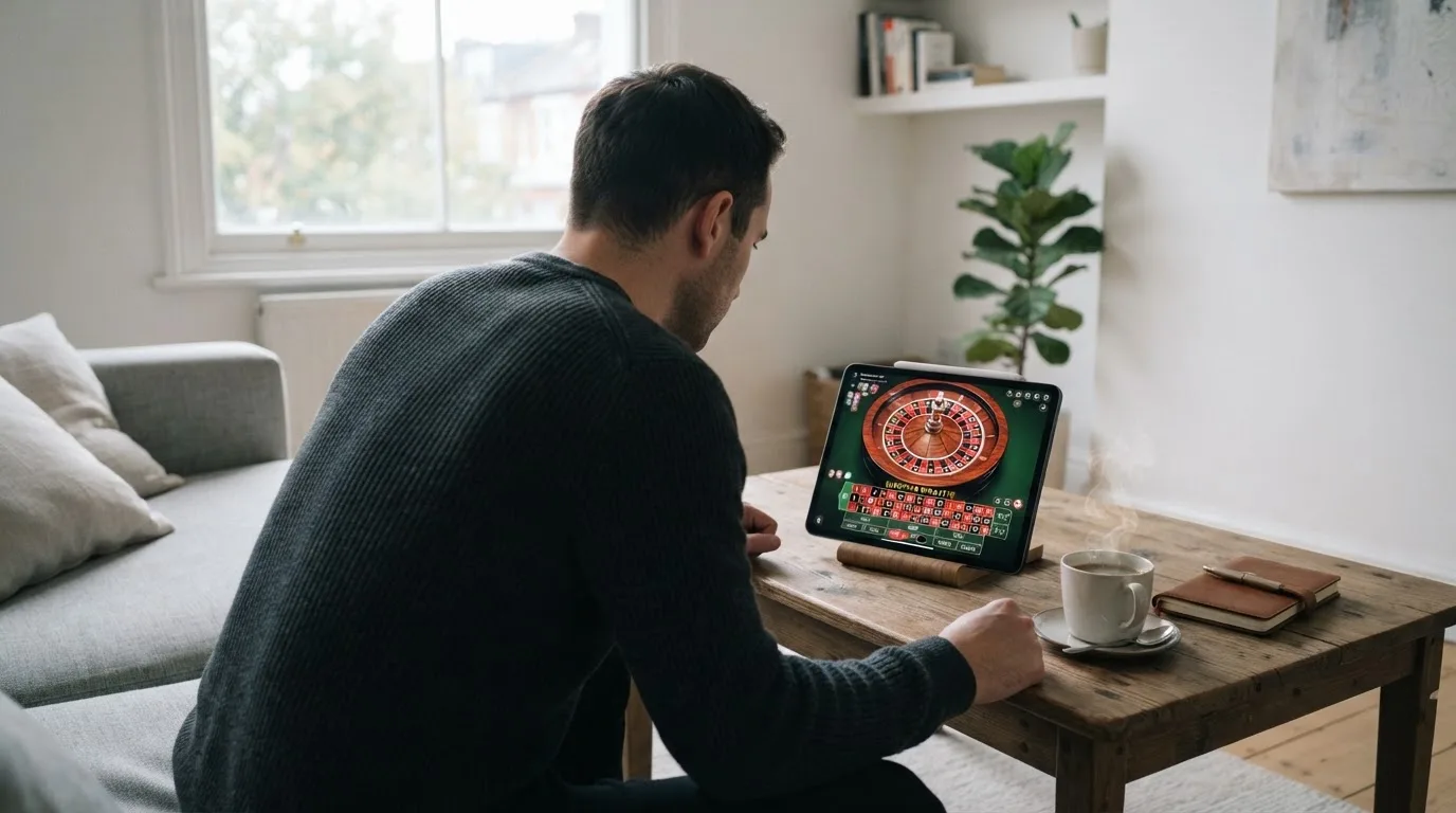 Een man bekijkt ontspannen een tablet op de bank in een lichte woonkamer met een kop koffie op de salontafel.