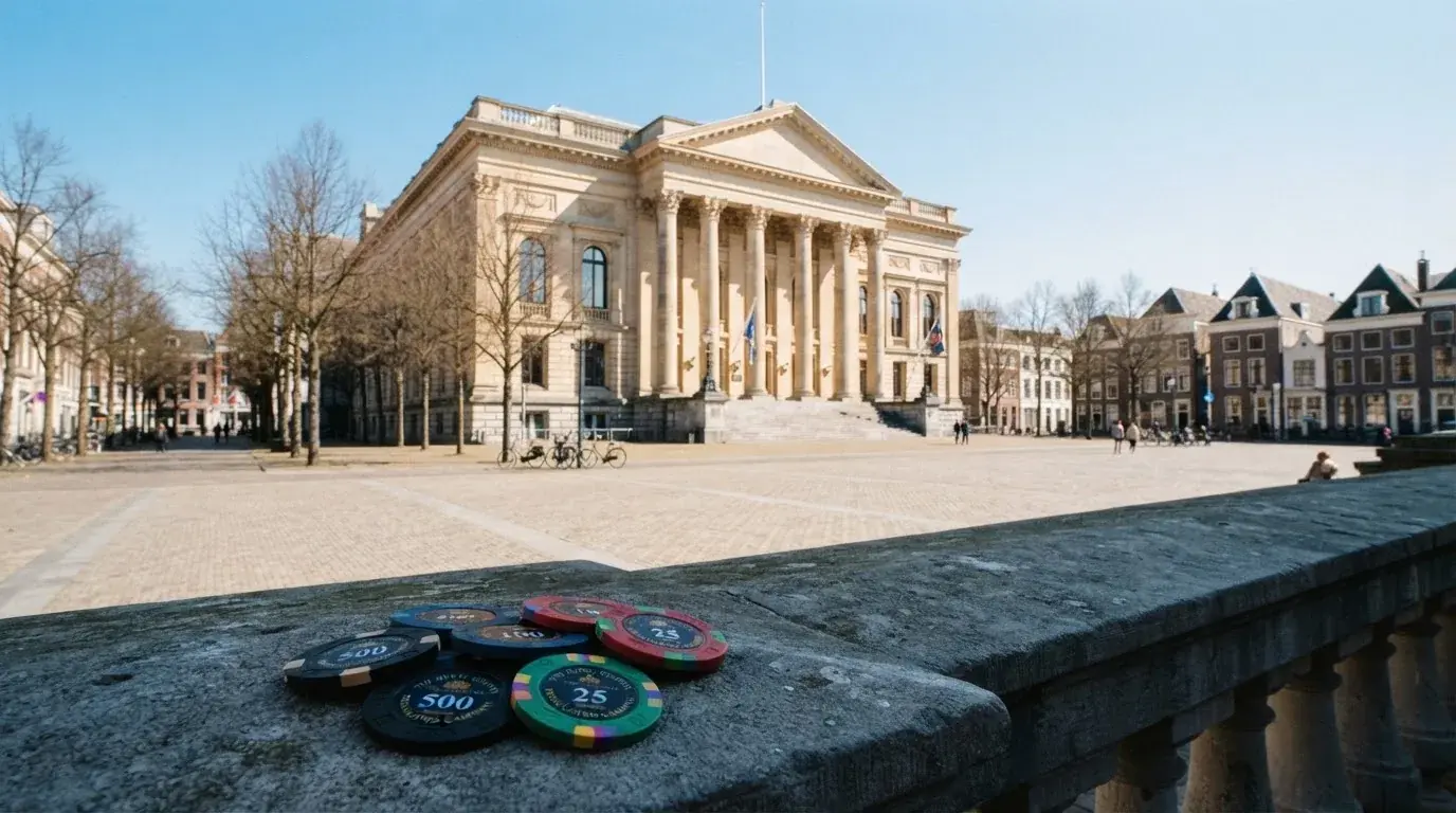 Een klassiek gerechtsgebouw met hoge zuilen staat onder een heldere hemel in een Nederlandse stad.