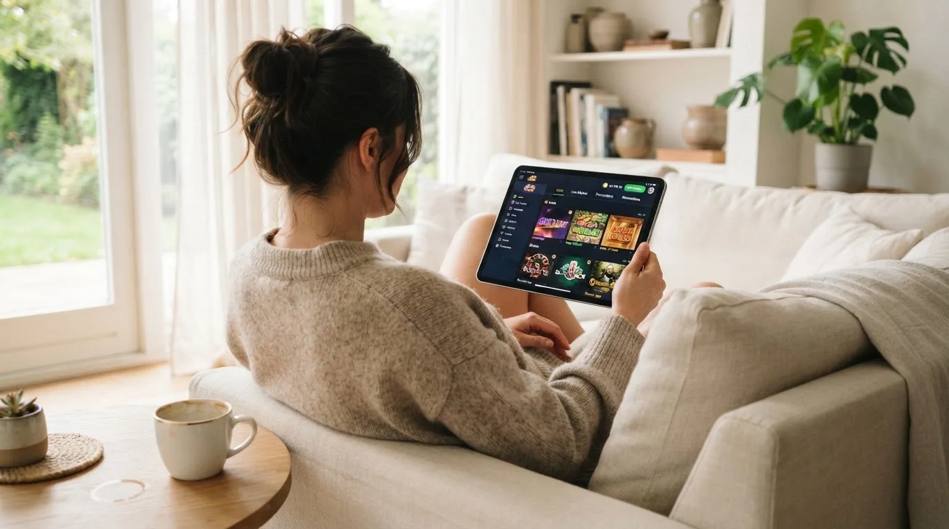 Een vrouw bekijkt ontspannen een tablet op de bank in een lichte woonkamer met een kop koffie op de salontafel.