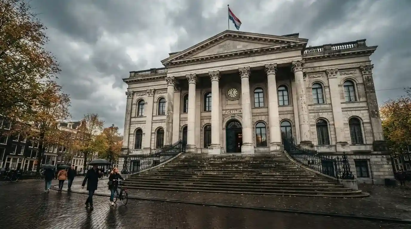 Een klassiek gerechtsgebouw met brede trappen staat onder een bewolkte hemel in een Nederlandse stad.