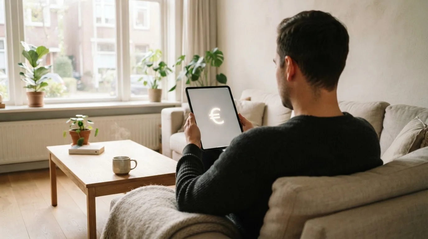 Een man bekijkt ontspannen een tablet op de bank in een lichte woonkamer met een kop thee op de salontafel.