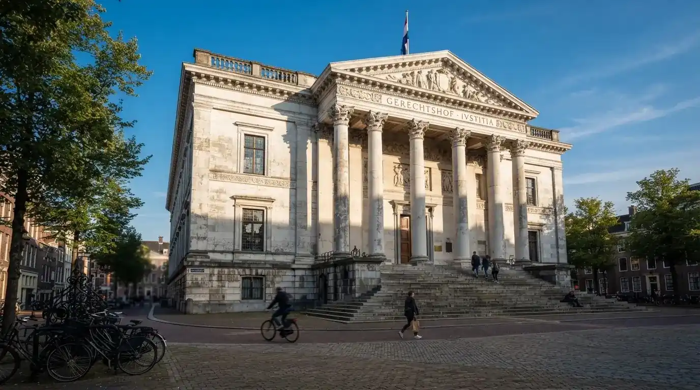 Een klassiek gerechtsgebouw met hoge zuilen staat onder een heldere hemel in een Nederlandse stad.