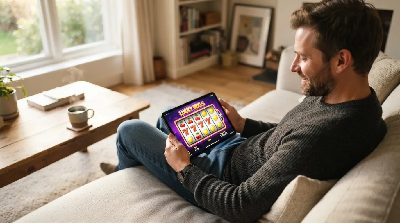 Een man bekijkt ontspannen een tablet op de bank in een lichte woonkamer met een kop koffie op de salontafel.