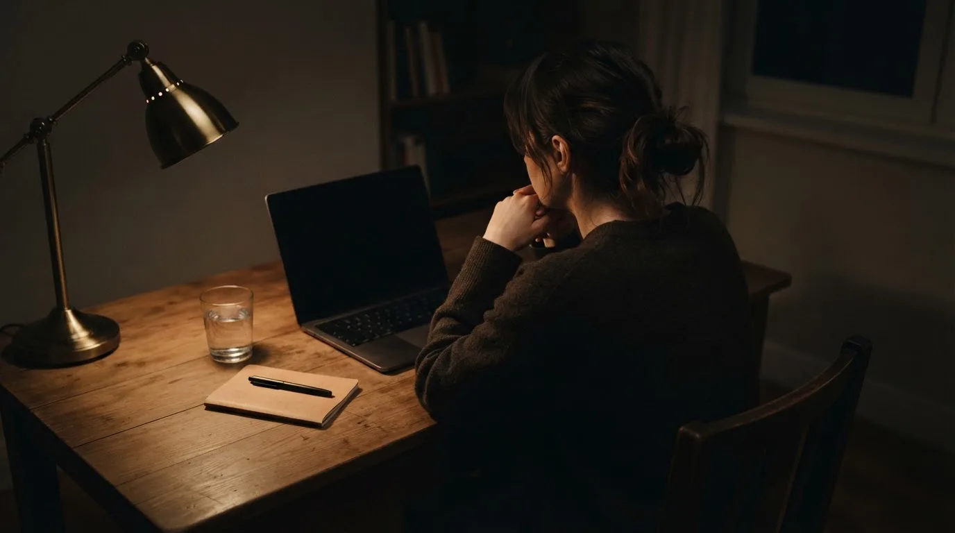 Een persoon zit alleen aan een bureau en kijkt peinzend naar een laptop met het scherm uit, in gedimd licht.