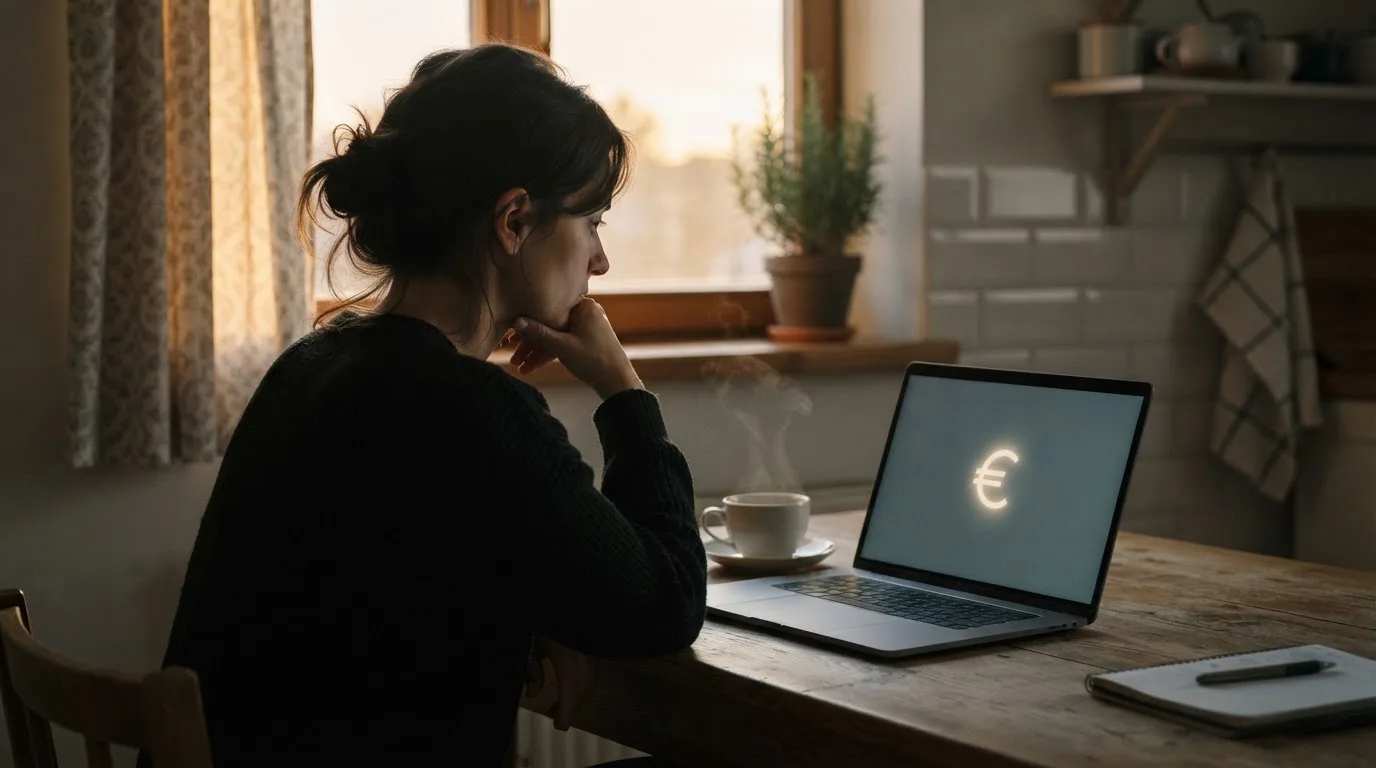 Een persoon zit alleen aan een keukentafel en kijkt peinzend naar een laptop, met een kop koffie ernaast in het vroege ochtendlicht.