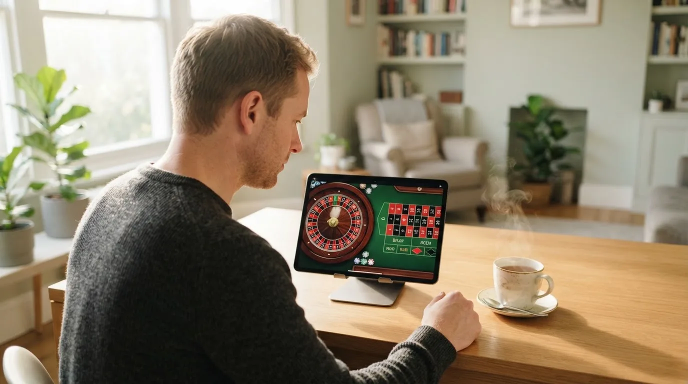 Een man zit aan een bureau in een lichte woonkamer en kijkt naar het scherm van een tablet die naast een kop thee ligt.