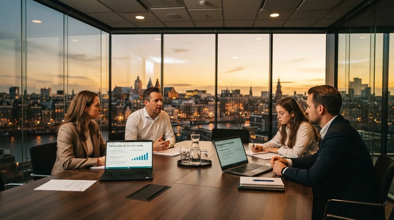 Een klein team overlegt rond een tafel in een glazen vergaderruimte met uitzicht op een stedelijke skyline bij zonsondergang.