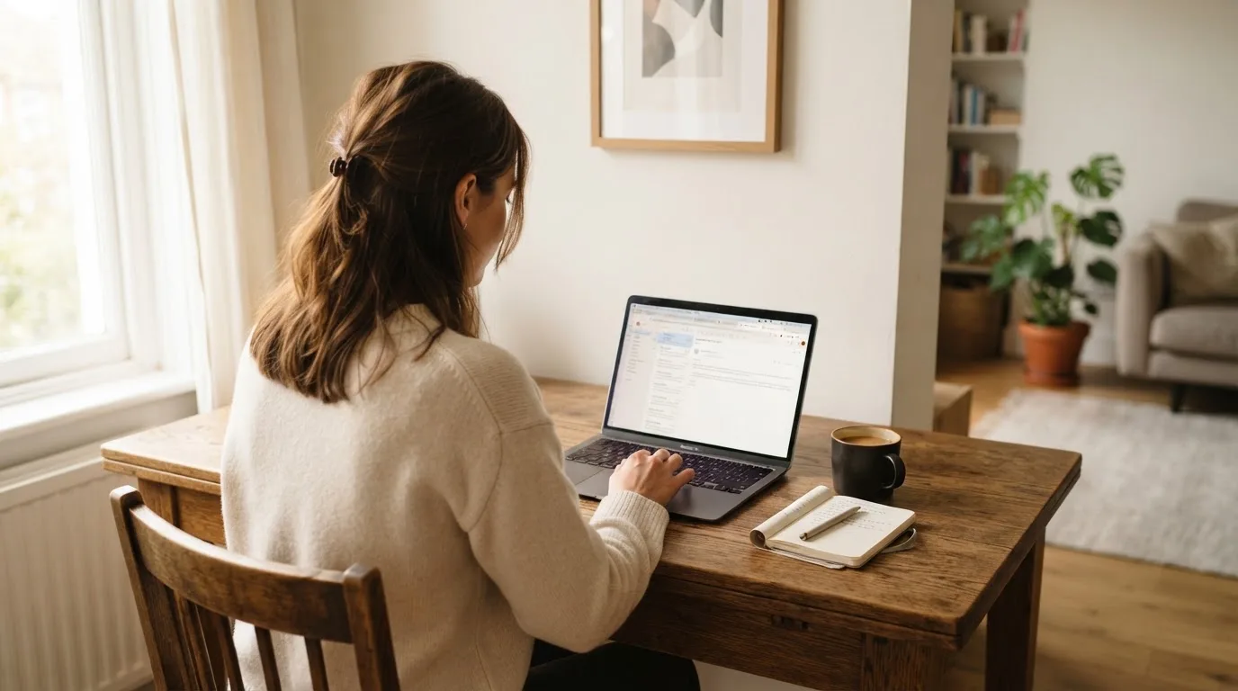 Een vrouw zit aan een houten bureau en bekijkt rustig het scherm van een laptop in een lichte woonkamer.
