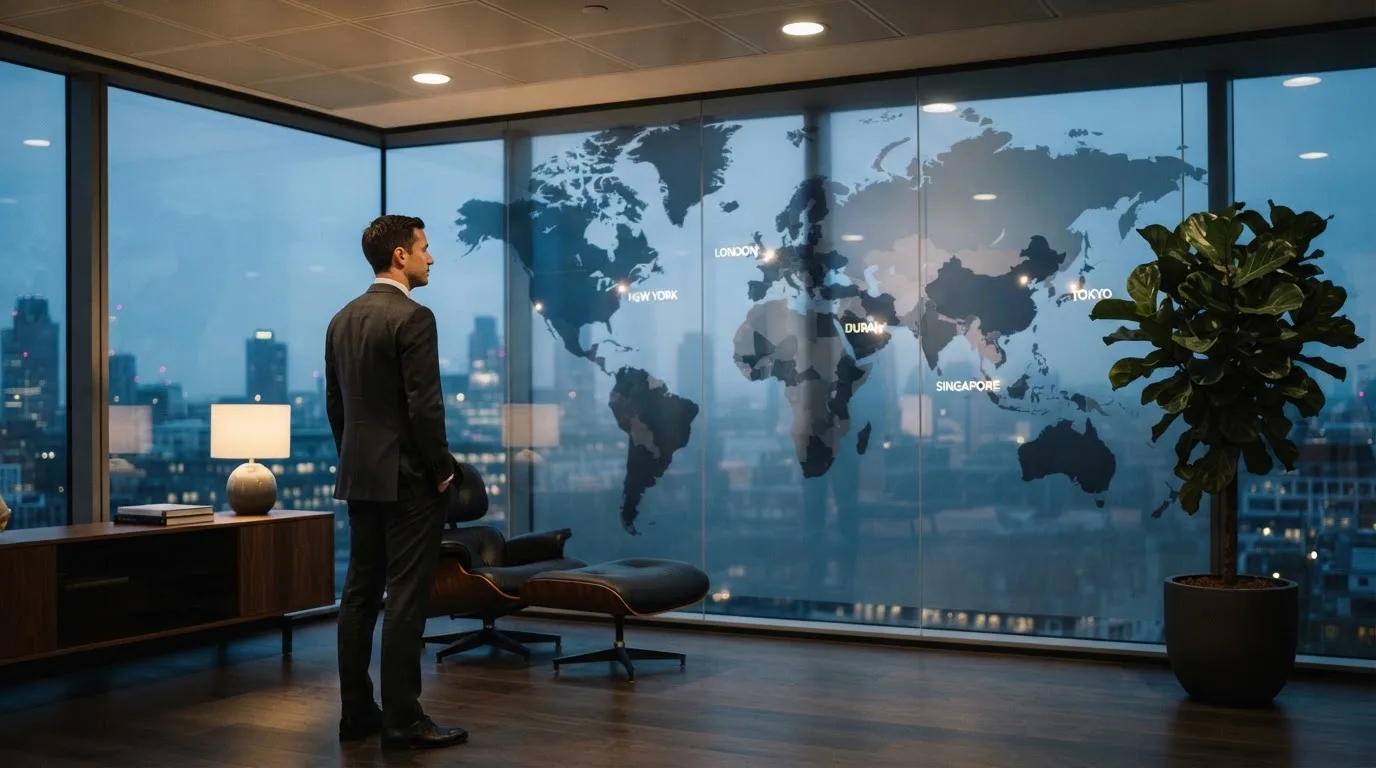 Een jurist in kostuum staat voor een grote glazen wand met een wereldkaart in een modern kantoor tijdens de avondschemering.