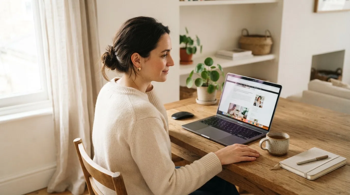 Een vrouw zit aan een houten bureau en bekijkt rustig het scherm van een laptop in een lichte woonkamer.