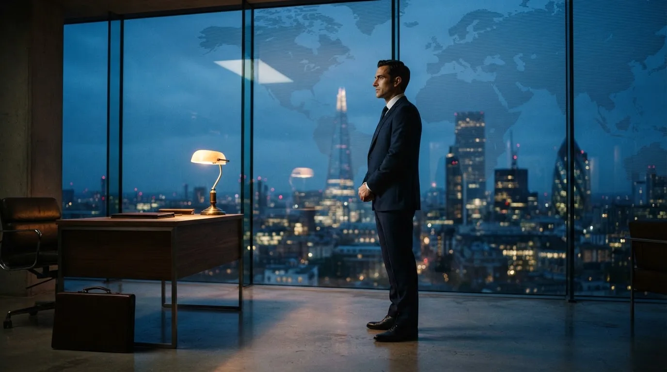 Een jurist in kostuum staat voor een grote glazen wand met een wereldkaart in een modern kantoor tijdens de avondschemering.