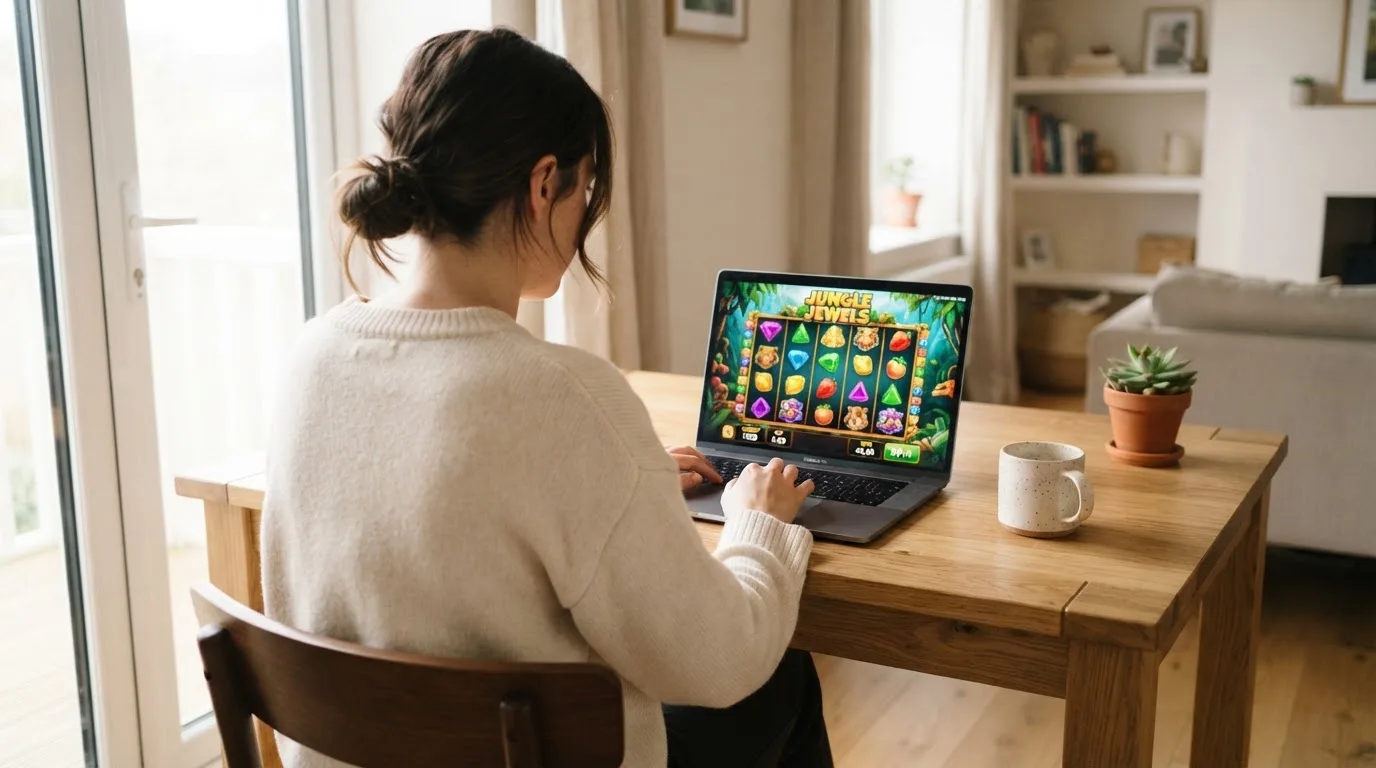Een vrouw zit aan een houten bureau en bekijkt rustig het scherm van een laptop in een lichte woonkamer.
