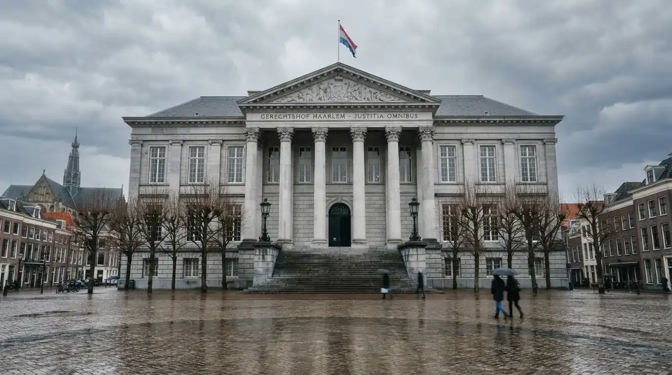 Een statig gerechtsgebouw met zuilen staat onder een bewolkte lucht in een Nederlandse stad.