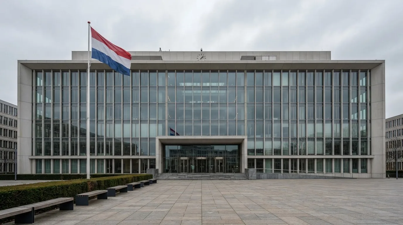 Een statig kantoorgebouw met een Nederlandse vlag ervoor onder een bewolkte hemel.