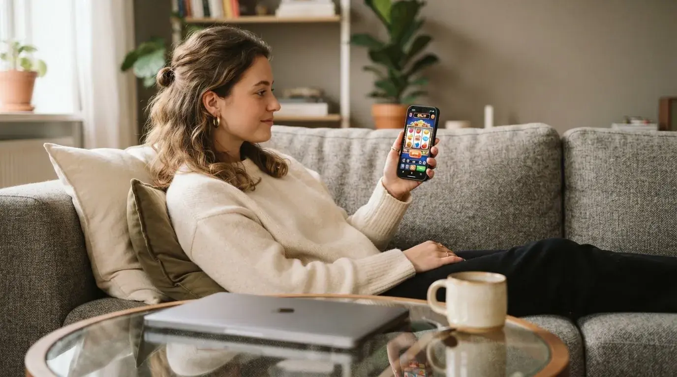 Een jonge vrouw zit ontspannen op de bank met een smartphone in haar hand, terwijl een laptop met onscherp scherm op de salontafel staat.