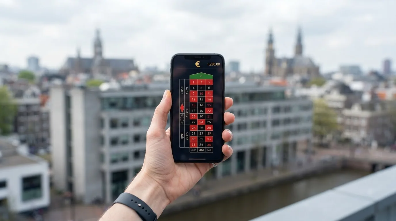 Een close-up van een hand die een smartphone vasthoudt buiten voor een grijs kantoorgebouw, met een wazige skyline van een Nederlandse stad op de achtergrond.