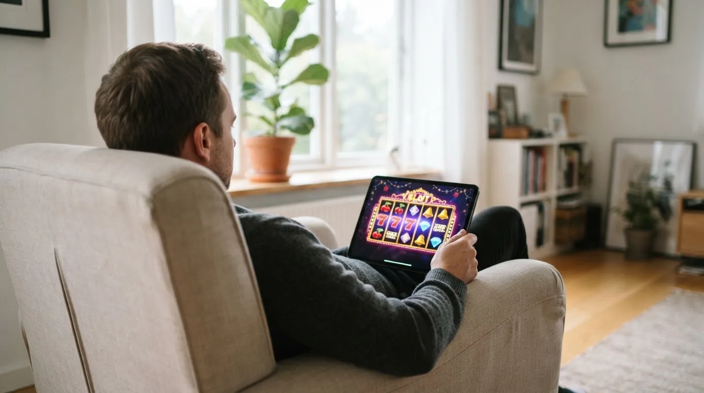 Een man leunt achterover op een stoel met een tablet op schoot, in een lichte woonkamer met planten op de achtergrond.