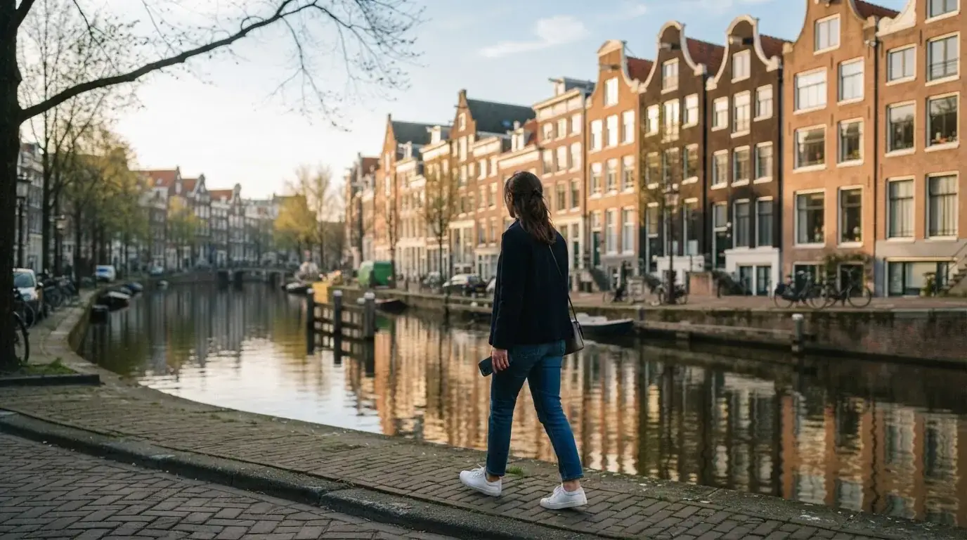 Een persoon loopt met een telefoon in de hand langs een grachtenpand in een Nederlandse stad, met wazige gevels op de achtergrond.