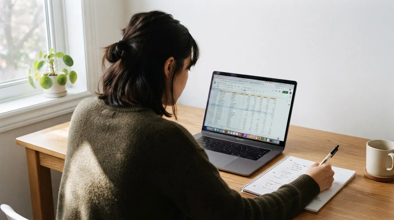 Een persoon zit aan een bureau thuis met een laptop en een notitieblok in daglicht.