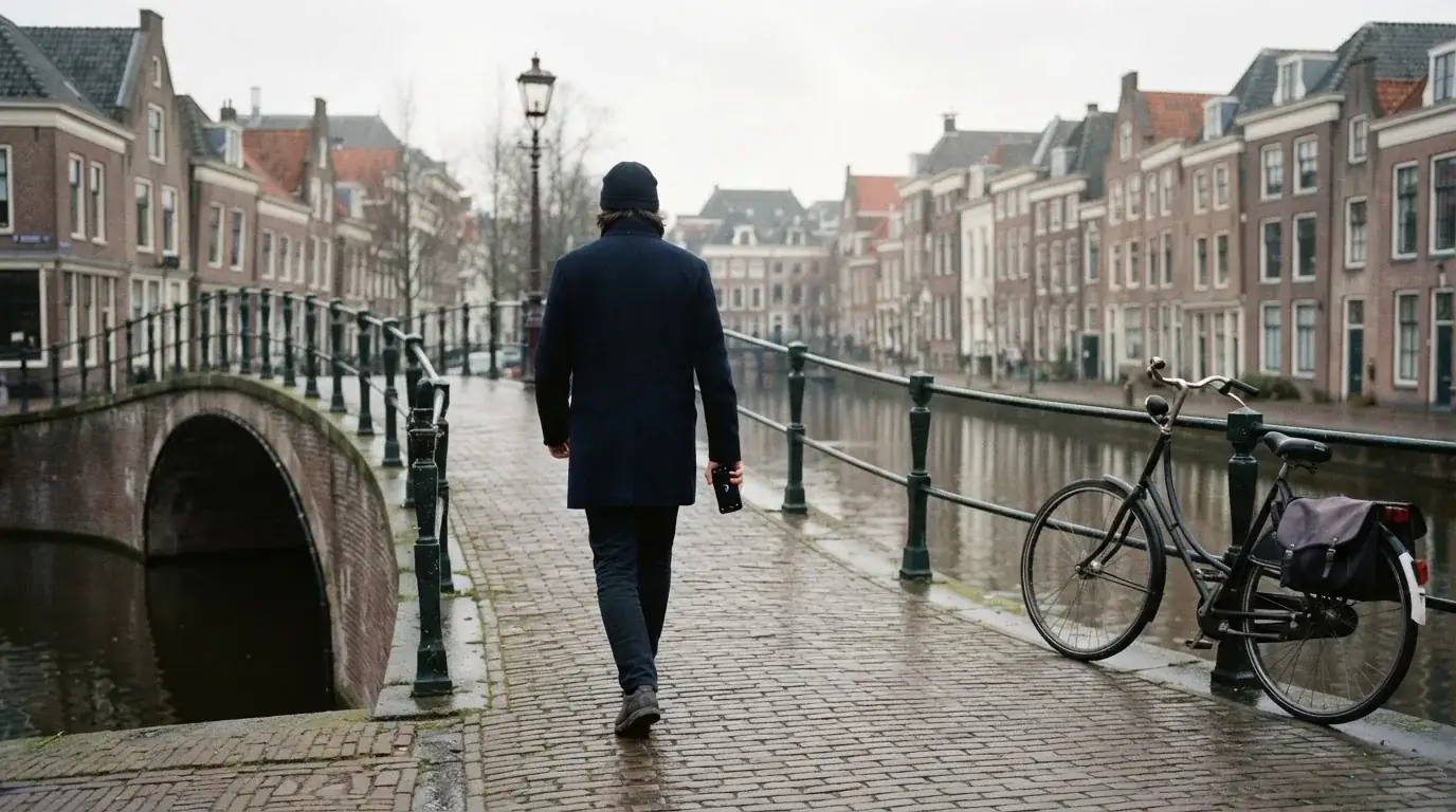 Een volwassene loopt over een brug in een Nederlandse stad met een telefoon in de hand.