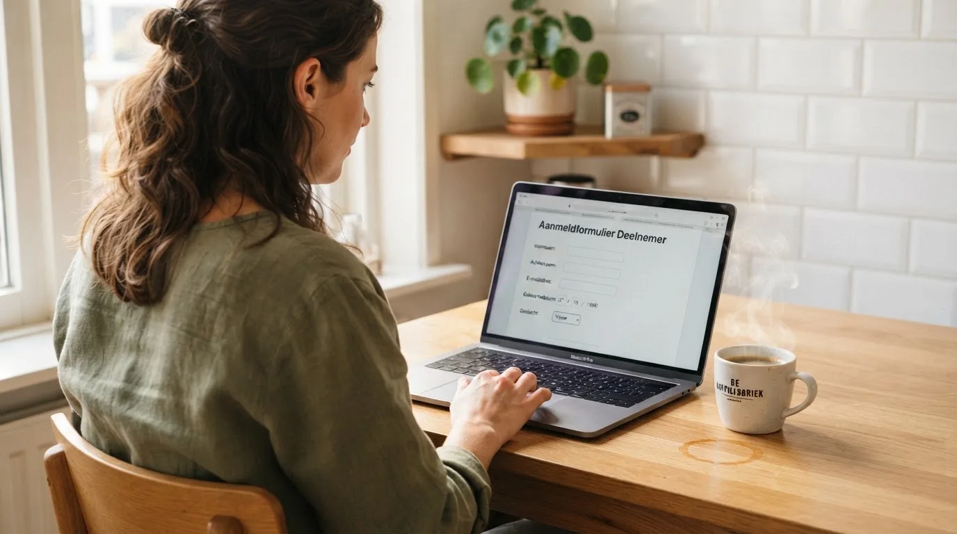 Een vrouw bekijkt rustig op haar laptop de opties voor online spelen aan de keukentafel, met een kopje koffie ernaast.
