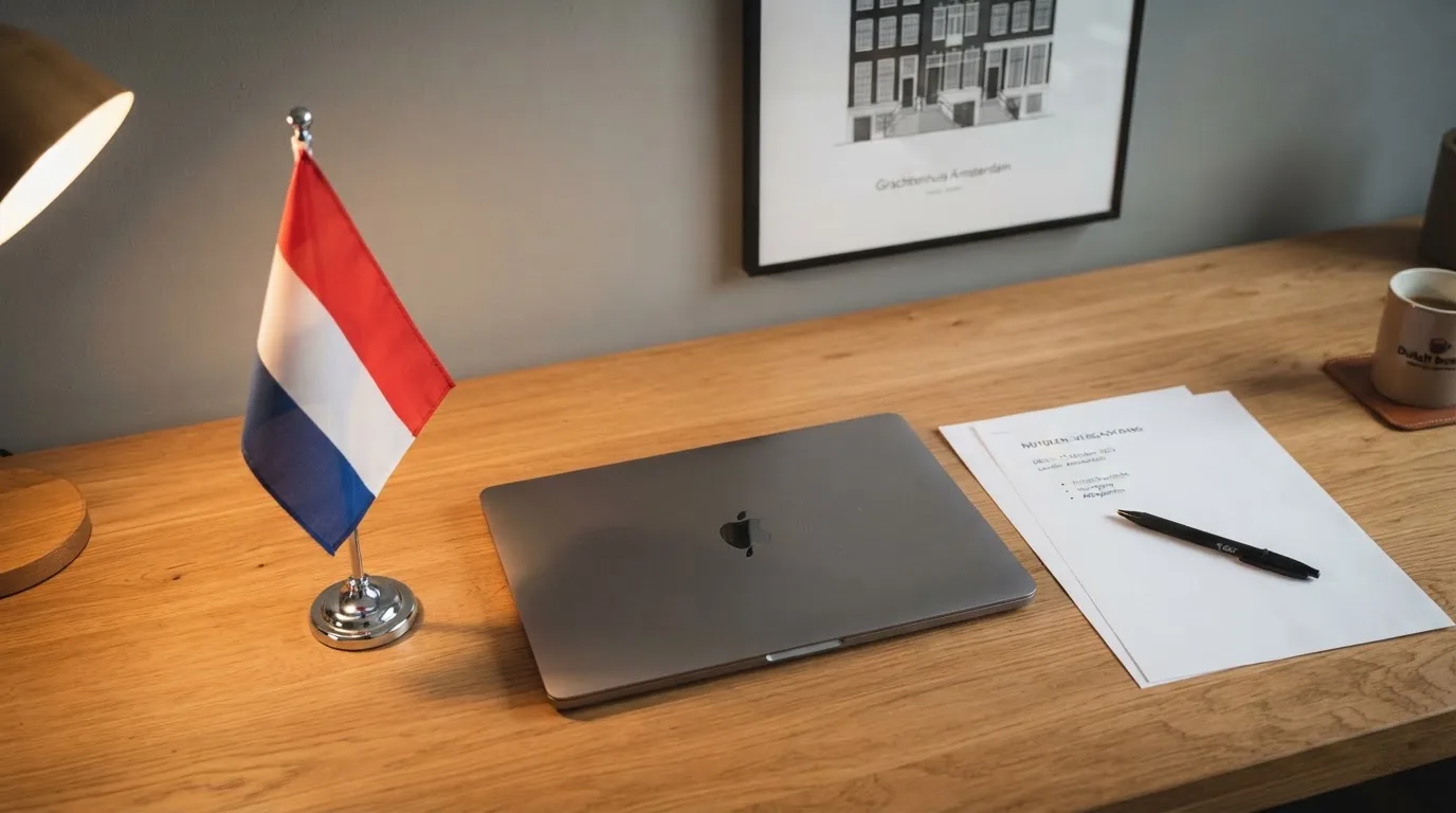 Een bureau met een Nederlandse vlag op een standaard naast een gesloten laptop, symbool voor regelgeving en toezicht op kansspelen.