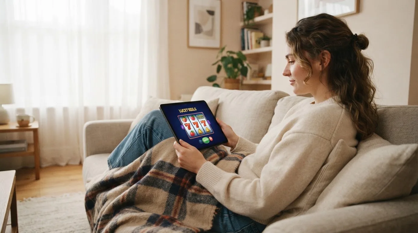 Iemand bekijkt ontspannen een tablet op de bank in een lichte woonkamer, met een plaid over de knieën.
