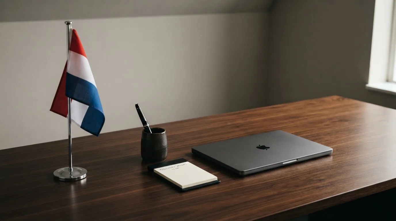 Een kantoorbureau met een Nederlandse vlag op een voetstuk naast een dichte laptop.
