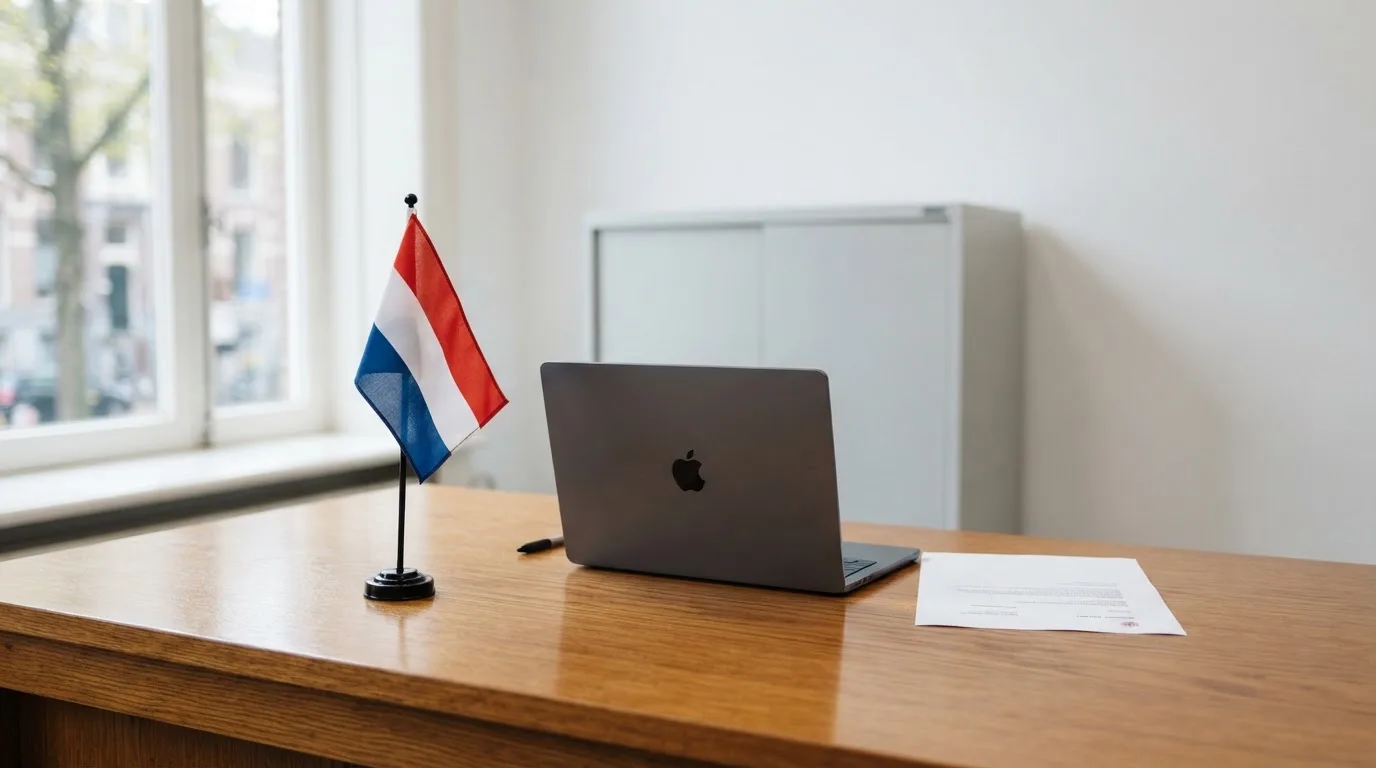 Een kantoorbureau met een Nederlandse vlag op een voetstuk naast een gesloten laptop.