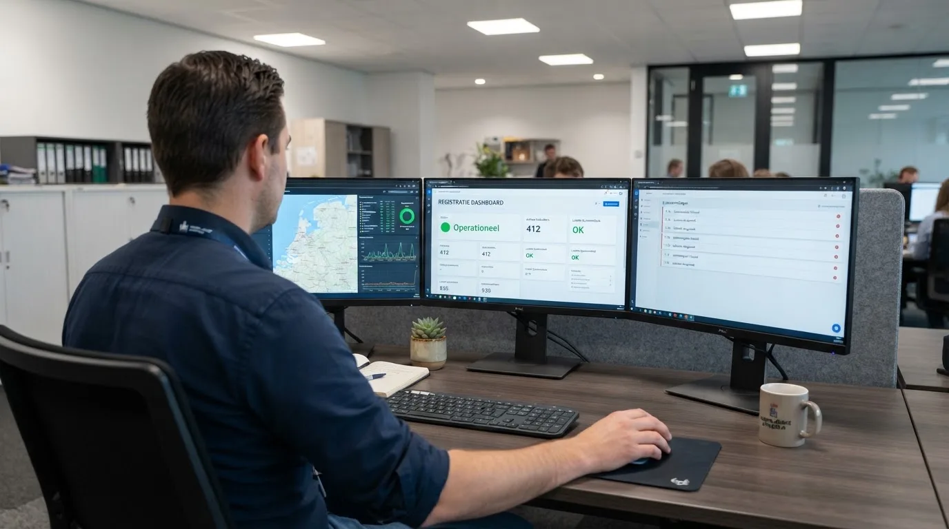Een medewerker van een toezichthoudende instantie werkt achter een bureau met meerdere monitoren in een professioneel kantoor.