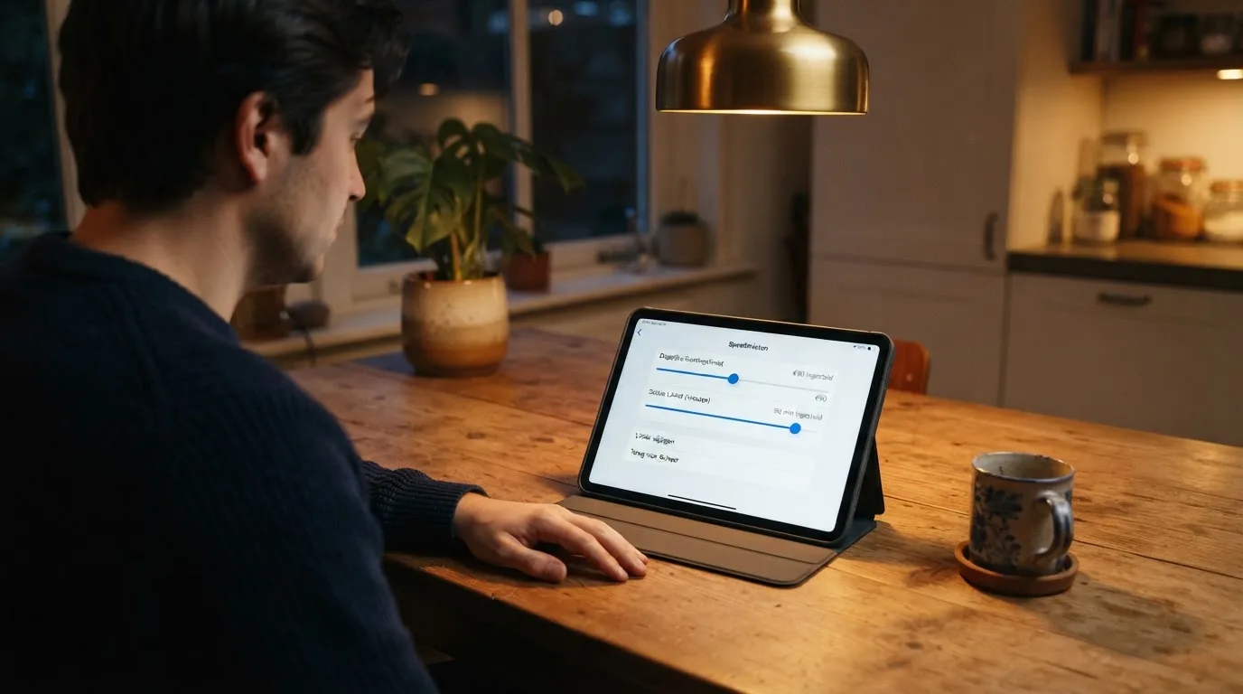 Een persoon bekijkt rustig instellingen voor speellimieten op een tablet aan een keukentafel in de avond.