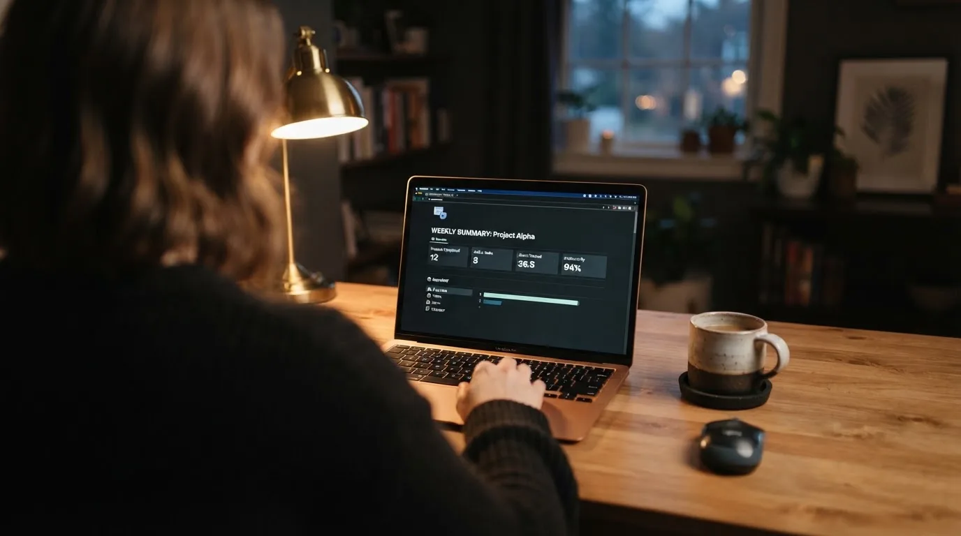 Een persoon zit aan een bureau met een kop koffie en bekijkt rustig een overzicht op een laptopscherm.